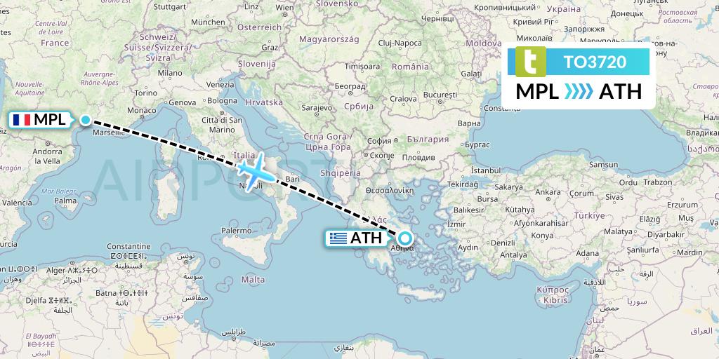 TO3720 Transavia France Flight Map: Montpellier to Athens