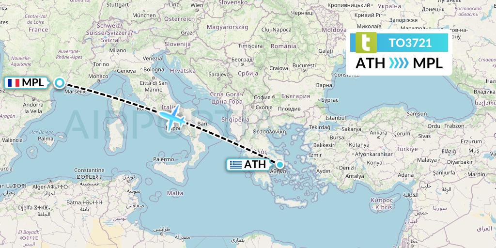 TO3721 Transavia France Flight Map: Athens to Montpellier
