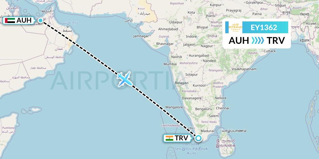 EY1362 Etihad Airways Flight Map: Abu Dhabi to Thiruvananthapuram