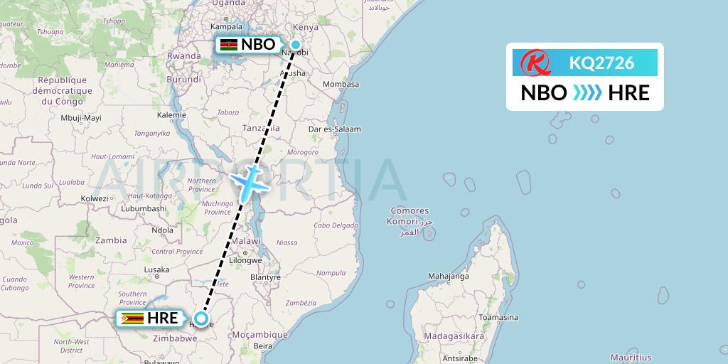 KQ2726 Kenya Airways Flight Map: Nairobi to Harare