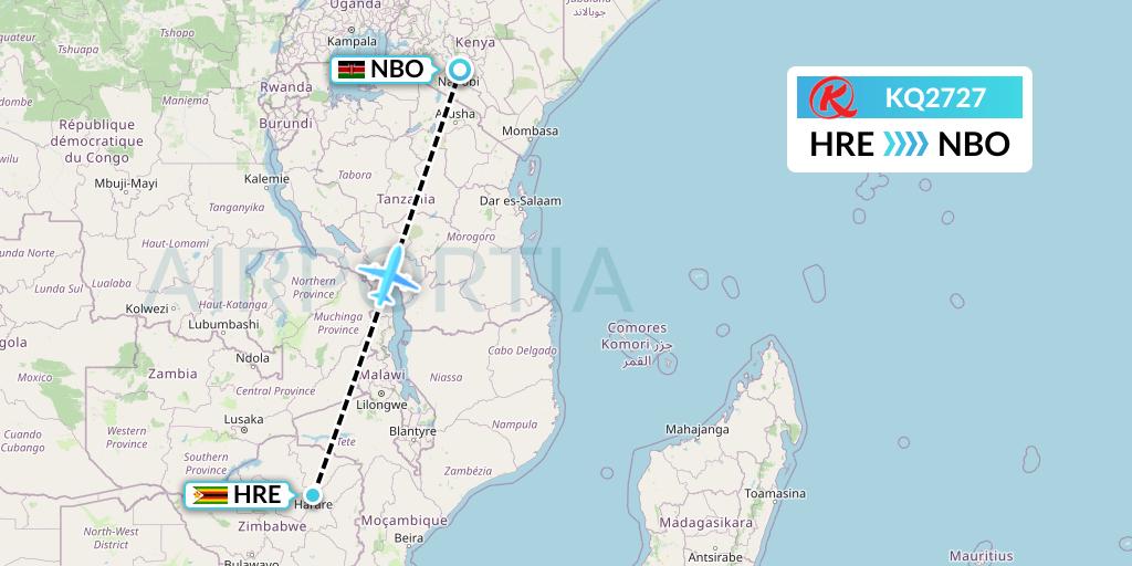 KQ2727 Kenya Airways Flight Map: Harare to Nairobi