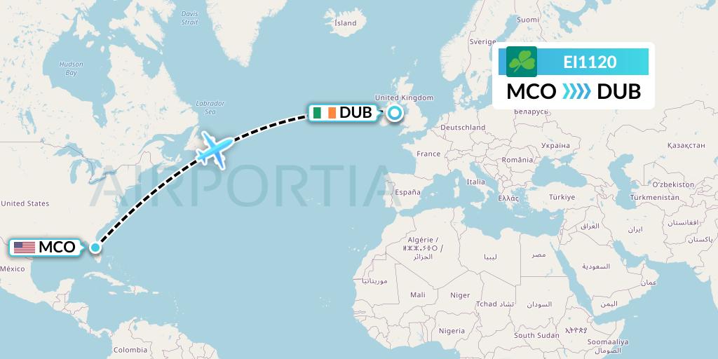 EI1120 Aer Lingus Flight Map: Orlando to Dublin