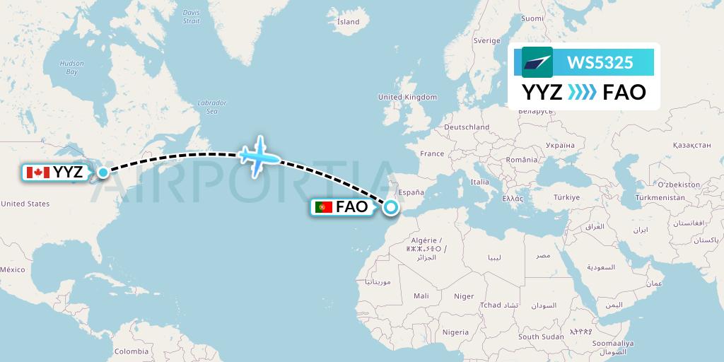 WS5325 WestJet Flight Map: Toronto to Faro