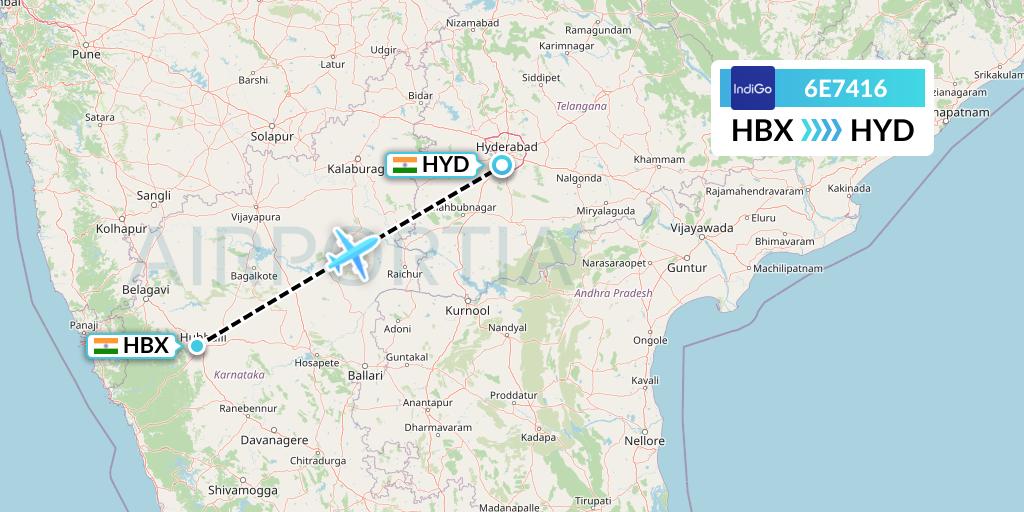 6E7416 IndiGo Airlines Flight Map: Hubli to Hyderabad