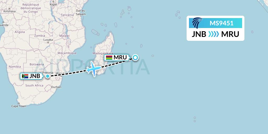 MS9451 EgyptAir Flight Map: Johannesburg to Port Louis