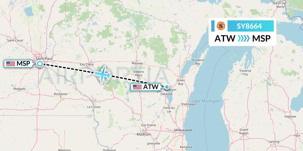 SY8664 Sun Country Airlines Flight Map: Appleton to Minneapolis