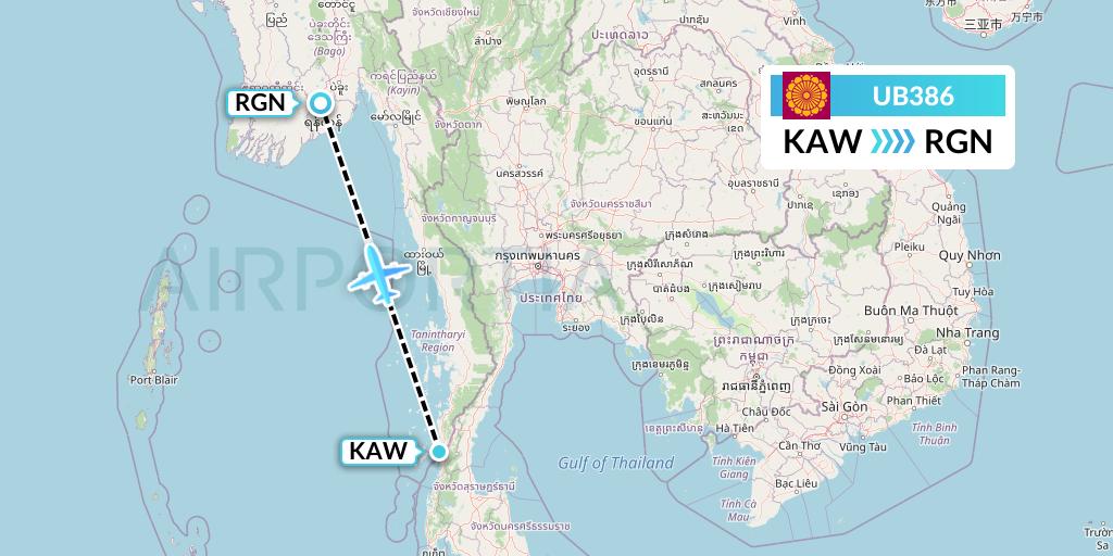 UB386 Myanmar National Airlines Flight Map: Kawthaung to Yangon