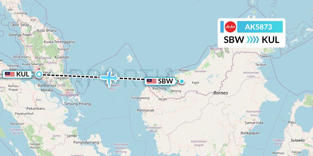 AK5873 AirAsia Flight Map: Sibu to Kuala Lumpur