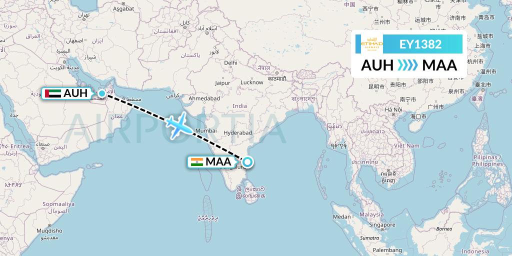 EY1382 Etihad Airways Flight Map: Abu Dhabi to Chennai