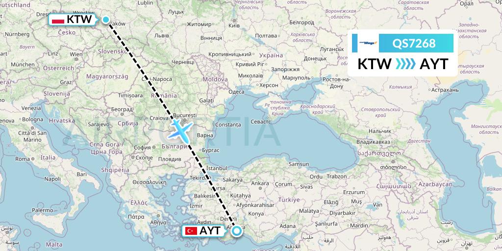 QS7268 Smartwings Flight Map: Katowice to Antalya