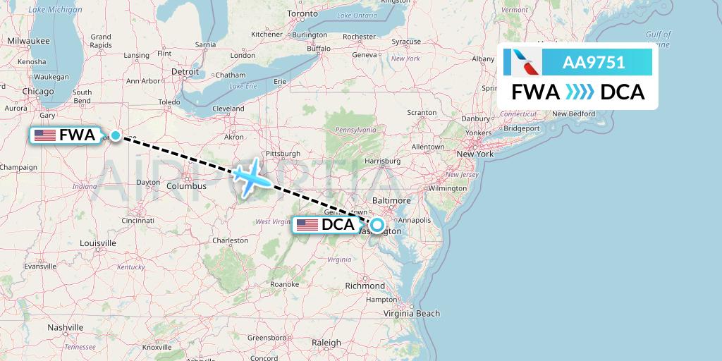AA9751 American Airlines Flight Map: Fort Wayne to Washington