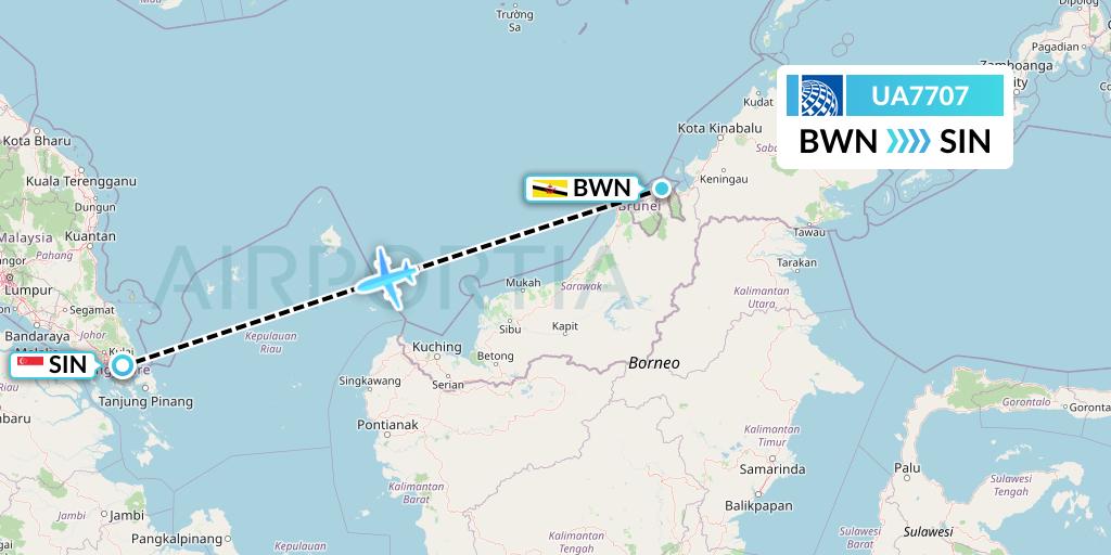 UA7707 United Airlines Flight Map: Brunei to Singapore