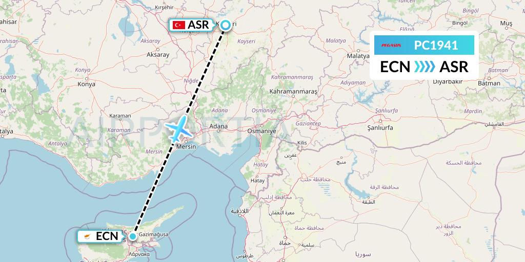 PC1941 Pegasus Airlines Flight Map: Tymvou to Kayseri