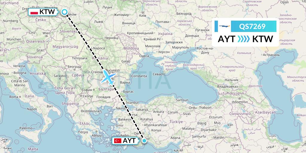 QS7269 Smartwings Flight Map: Antalya to Katowice
