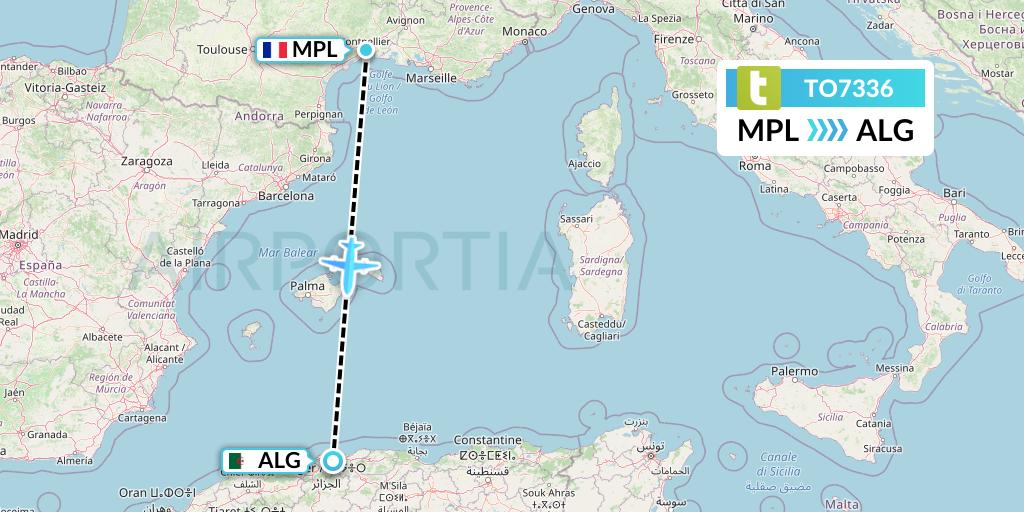 TO7336 Transavia France Flight Map: Montpellier to Algiers