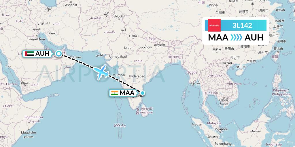 3L142 Air Arabia Abu Dhabi Flight Map: Chennai to Abu Dhabi