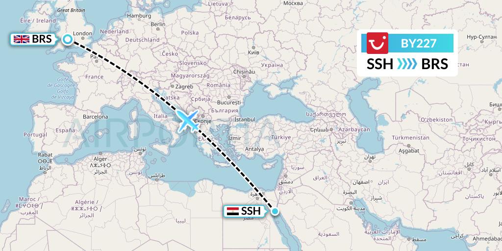 BY227 TUI Airways Flight Map: Sharm el-Sheikh to Bristol