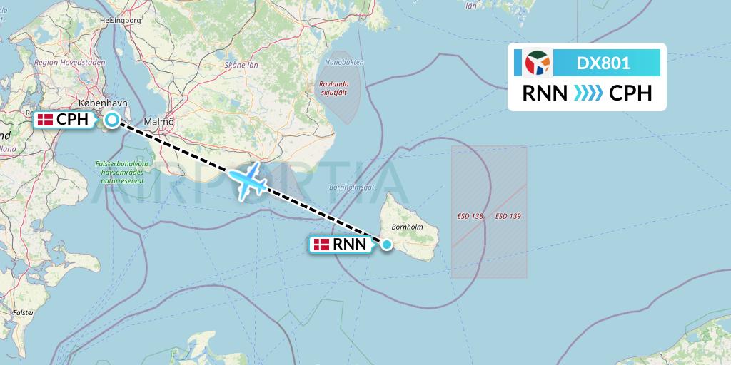 DX801 Danish Air Transport Flight Map: Ronne to Copenhagen
