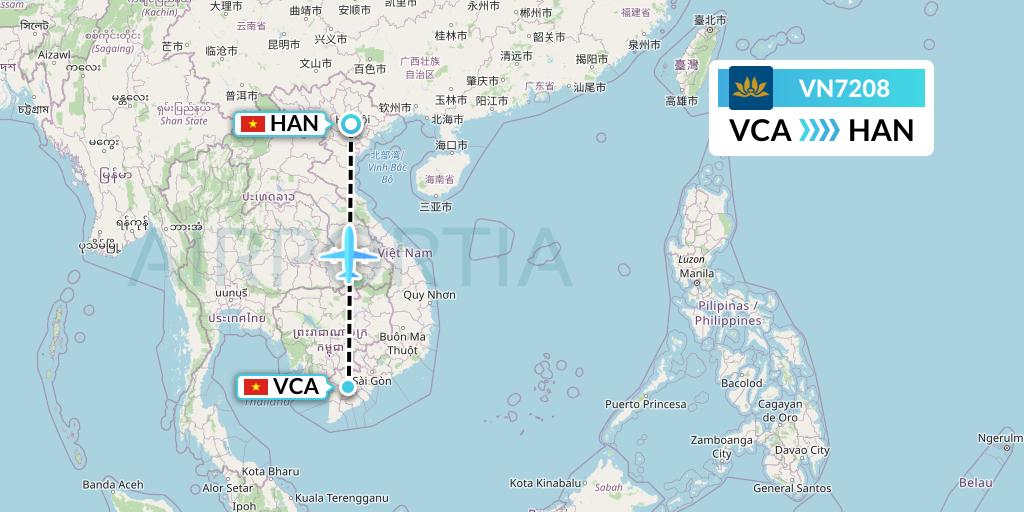 VN7208 Vietnam Airlines Flight Map: Can Tho to Hanoi