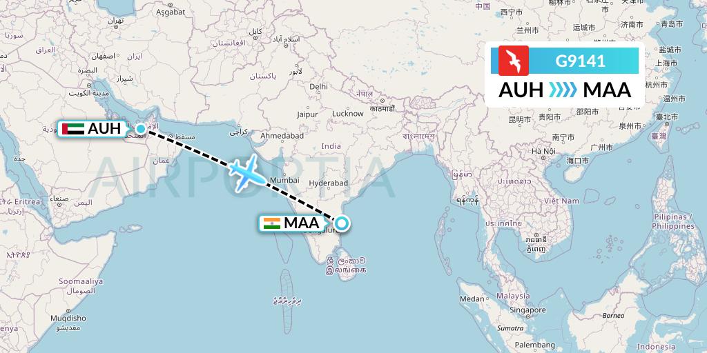 G9141 Air Arabia Flight Map: Abu Dhabi to Chennai