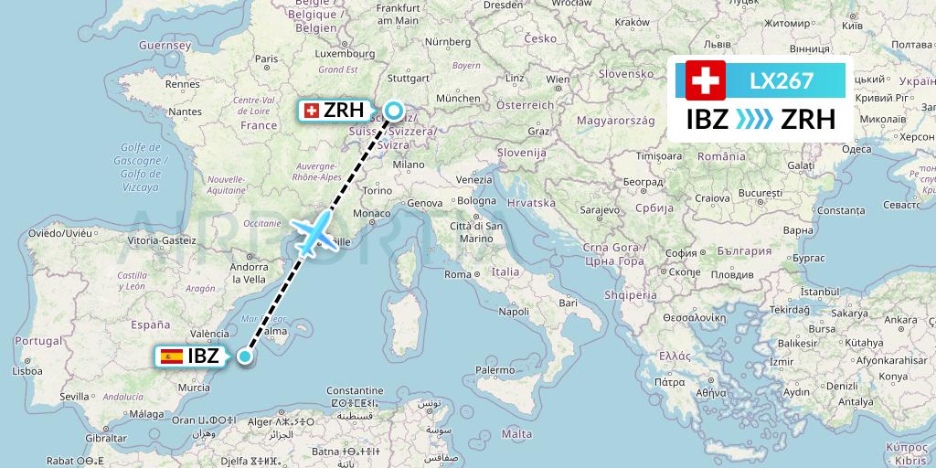 LX267 Swiss Flight Map: Ibiza to Zurich