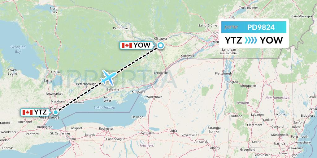 PD9824 Porter Airlines Flight Map: Toronto to Ottawa
