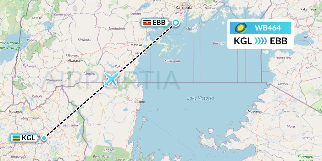 WB464 RwandAir Flight Map: Kigali to Entebbe