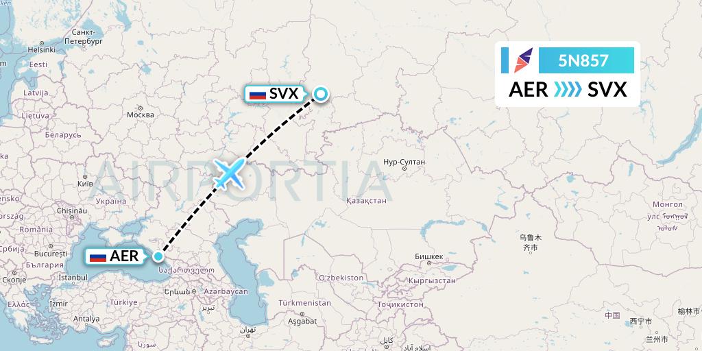 5N857 Nordavia Flight Map: Sochi to Yekaterinburg