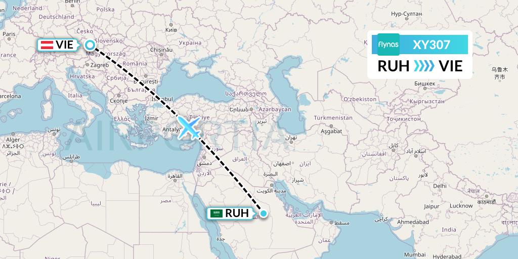 XY307 Flynas Flight Map: Riyadh to Vienna