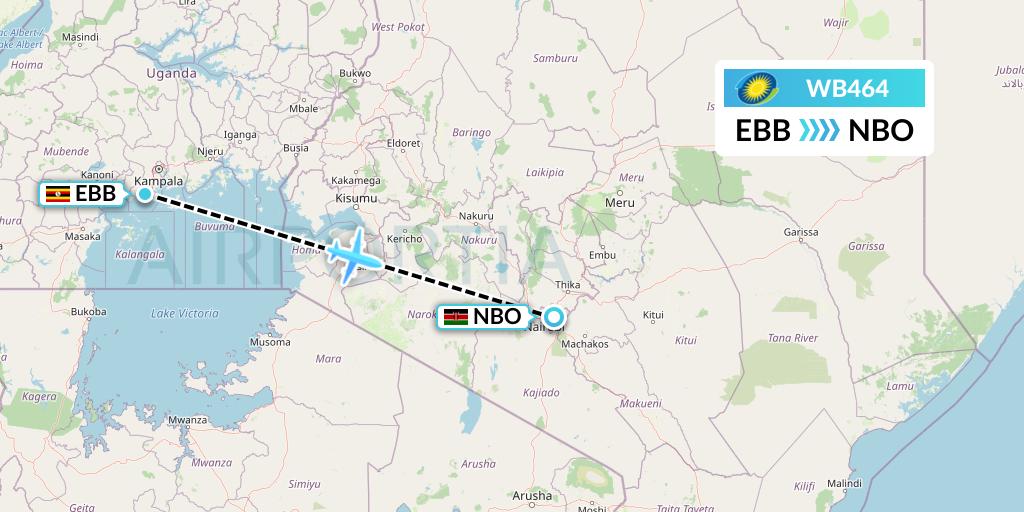 WB464 RwandAir Flight Map: Entebbe to Nairobi