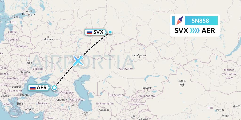 5N858 Nordavia Flight Map: Yekaterinburg to Sochi