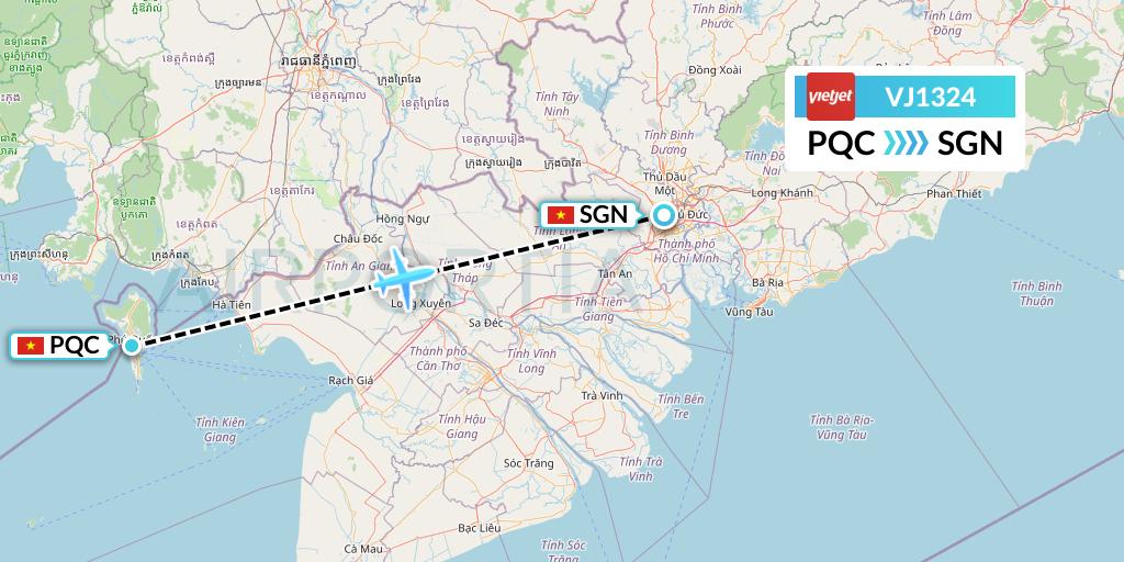 VJ1324 VietJet Air Flight Map: Phu Quoc to Ho Chi Minh City