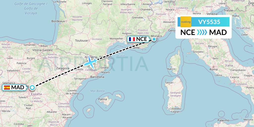 VY5535 Vueling Flight Map: Nice to Madrid