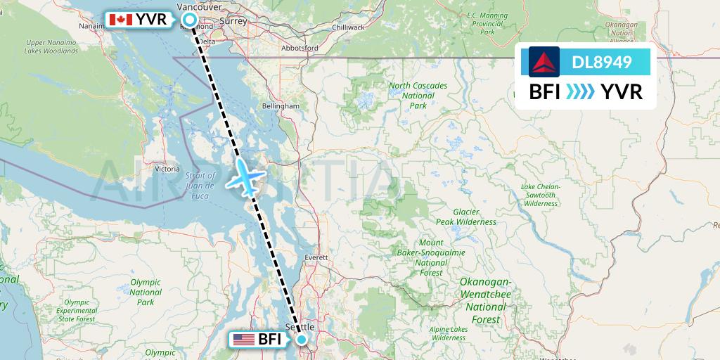 DL8949 Delta Air Lines Flight Map: Seattle to Vancouver