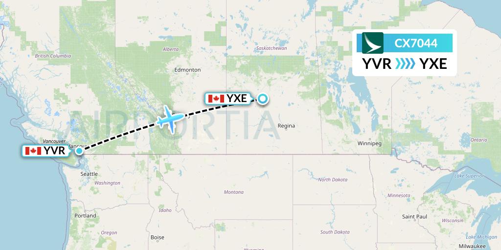 CX7044 Cathay Pacific Flight Map: Vancouver to Saskatoon