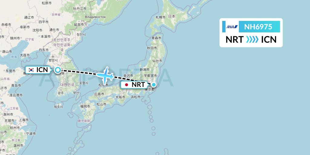 NH6975 All Nippon Airways Flight Map: Tokyo to Seoul