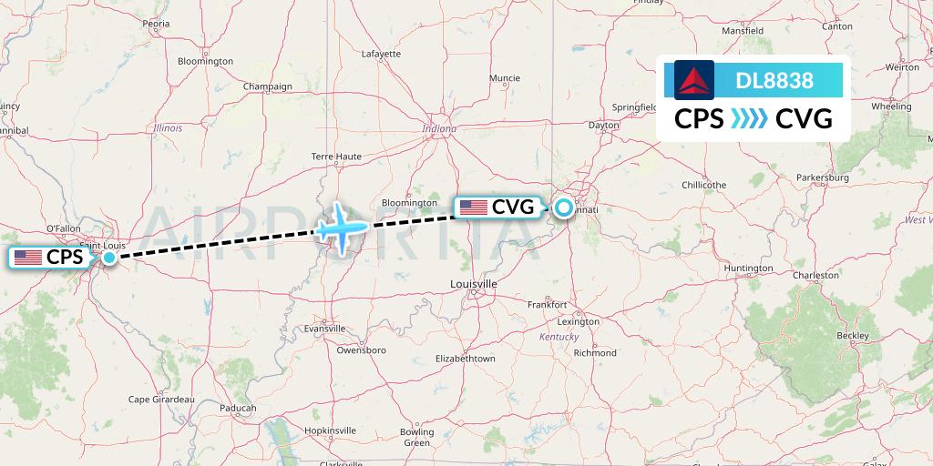 DL8838 Delta Air Lines Flight Map: St. Louis to Cincinnati