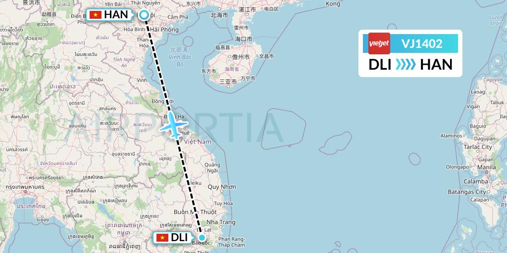 VJ1402 VietJet Air Flight Map: Da Lat to Hanoi