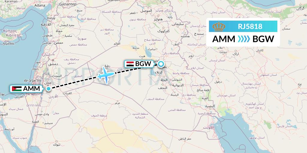 RJ5818 Royal Jordanian Flight Map: Amman to Baghdad