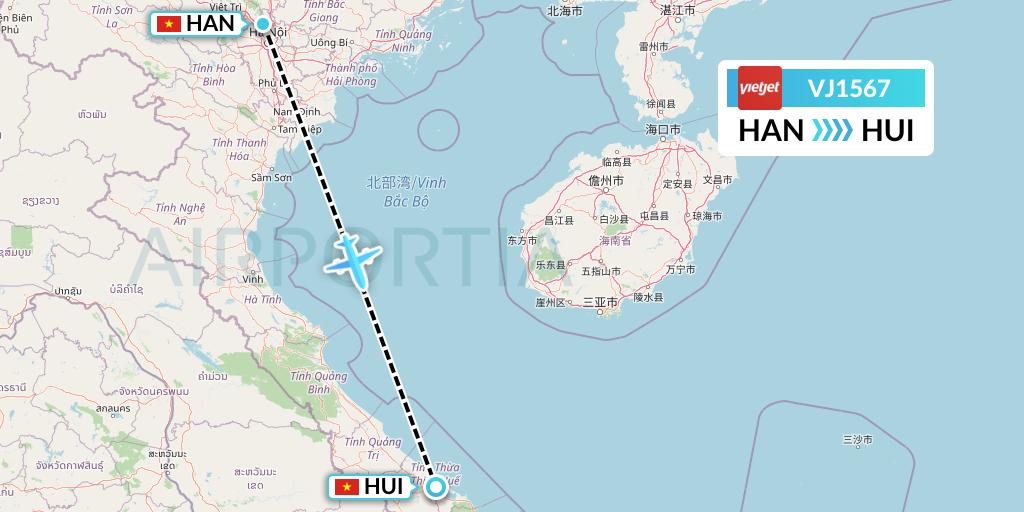VJ1567 VietJet Air Flight Map: Hanoi to Hue