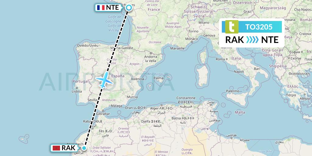 TO3205 Transavia France Flight Map: Marrakesh to Nantes