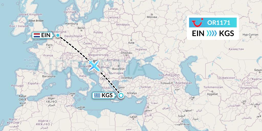 OR1171 TUI fly Netherlands Flight Map: Eindhoven to Kos