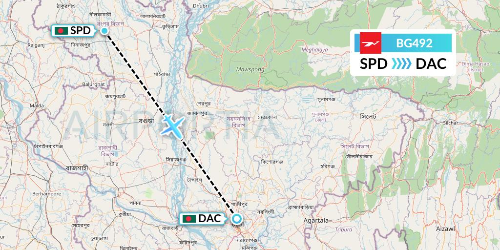 BG492 Biman Bangladesh Airlines Flight Map: Saidpur to Dhaka