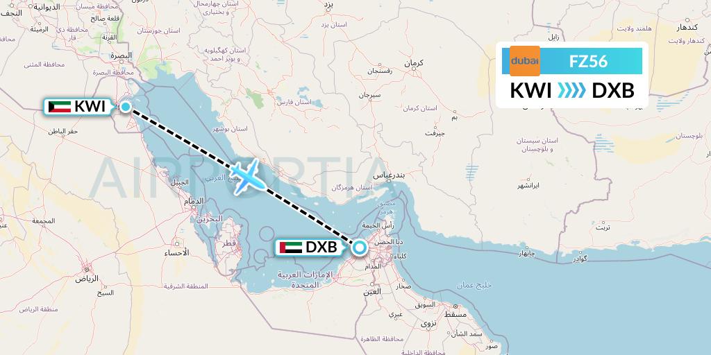 FZ56 FlyDubai Flight Map: Kuwait City to Dubai