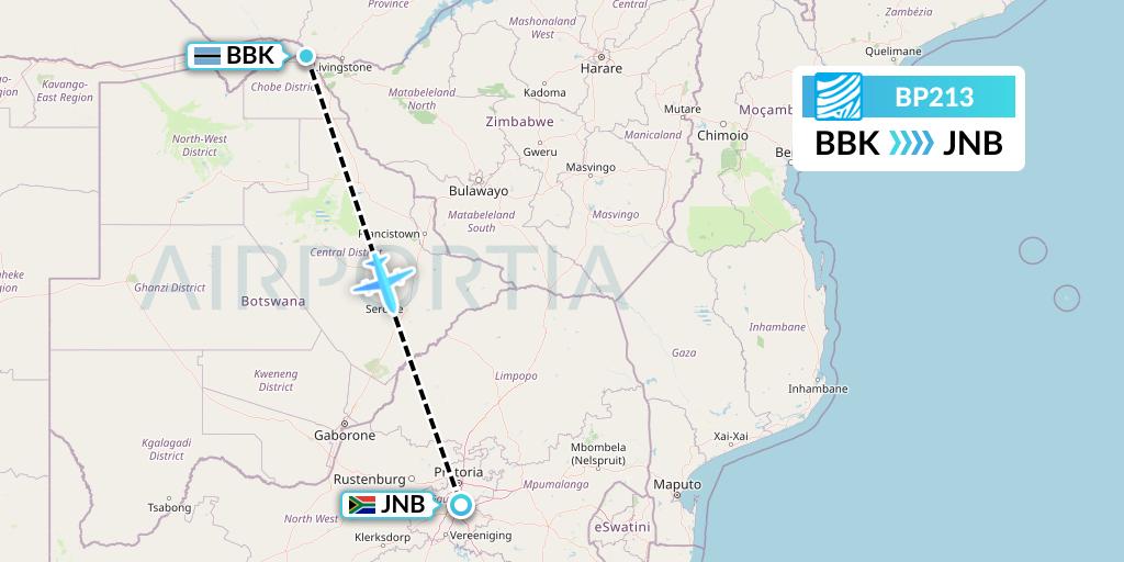 BP213 Air Botswana Flight Map: Kasane to Johannesburg