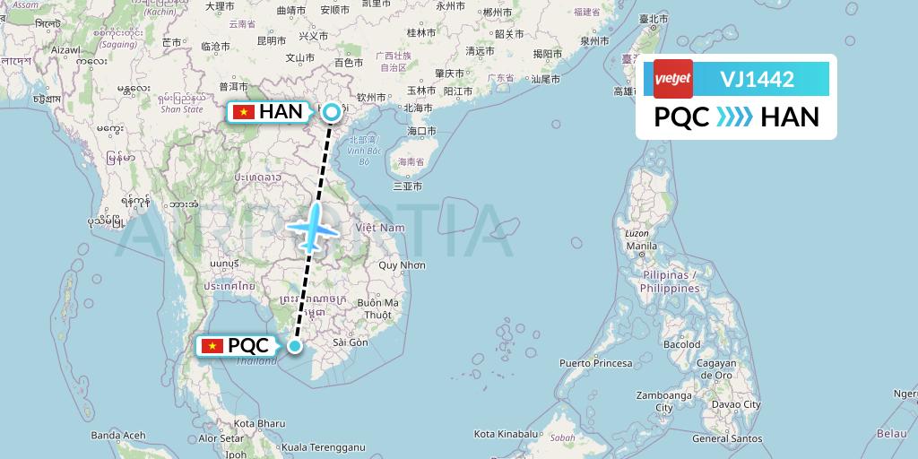 VJ1442 VietJet Air Flight Map: Phu Quoc to Hanoi