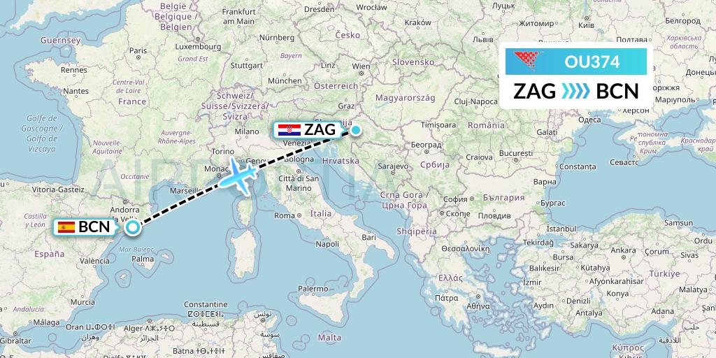 OU374 Croatia Airlines Flight Map: Zagreb to Barcelona