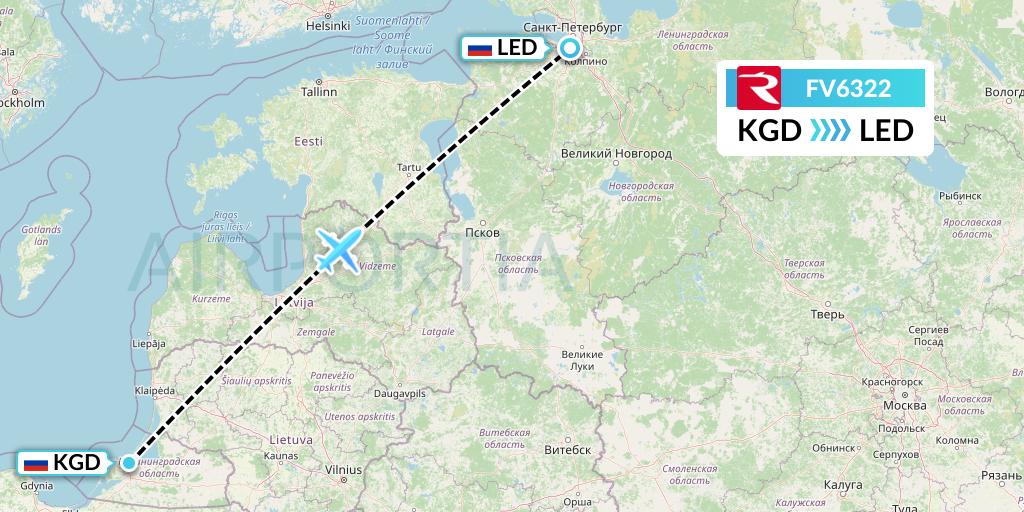 FV6322 Rossiya Flight Map: Kaliningrad to St. Petersburg