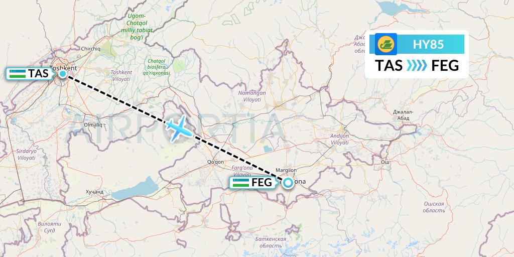 HY85 Uzbekistan Airways Flight Map: Tashkent to Fergana