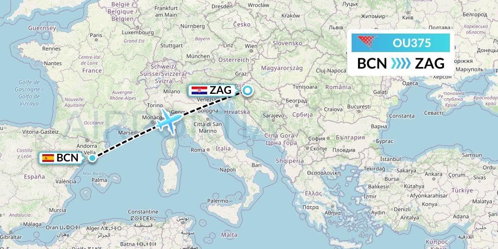 OU375 Croatia Airlines Flight Map: Barcelona to Zagreb